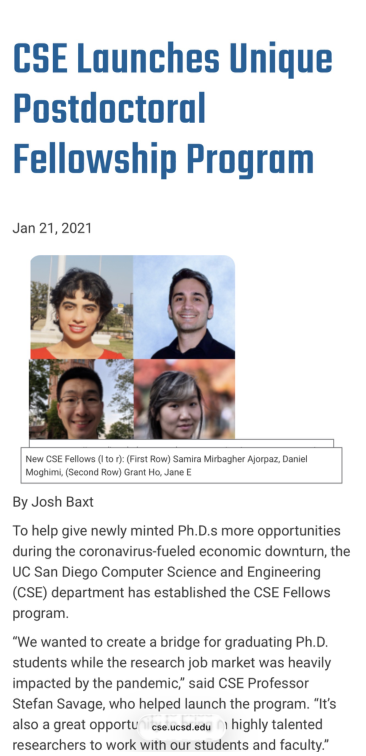 Original UC San Diego Computer Science and Engineering headline clipping: CSE Launches Unique Postdoctoral Fellowship Program